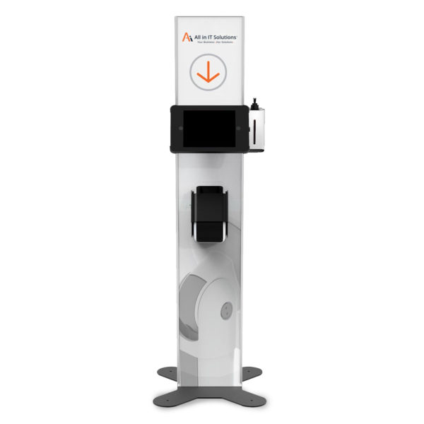 Tablet Display Stand with Label Printer and Hand Sanitiser